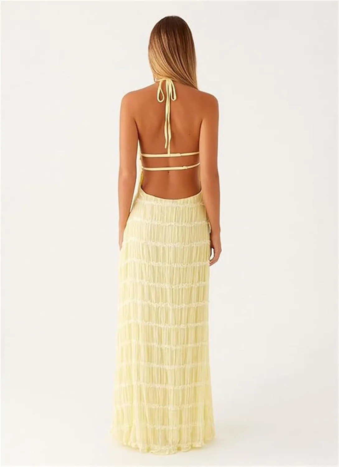 Women Halter Ruched Maxi Dress Backless Sleeveless Long Dress Bodycon See Througn Pleated Sundress Beachwear