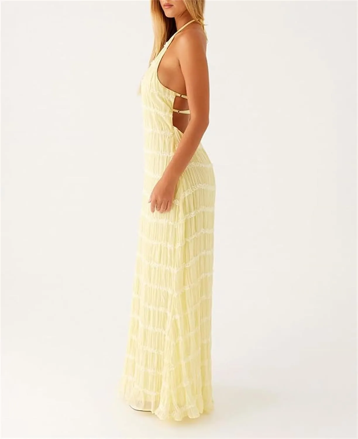 Women Halter Ruched Maxi Dress Backless Sleeveless Long Dress Bodycon See Througn Pleated Sundress Beachwear