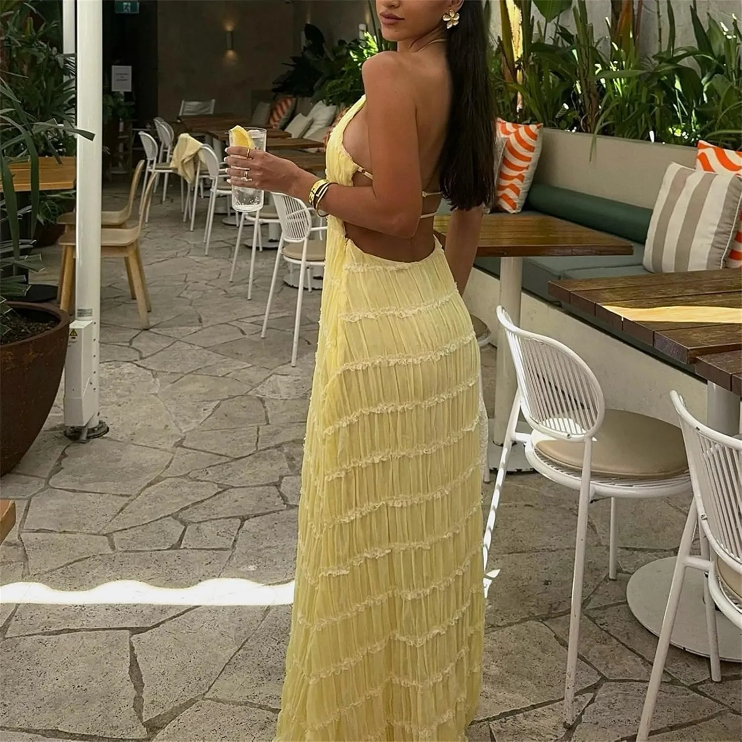 Women Halter Ruched Maxi Dress Backless Sleeveless Long Dress Bodycon See Througn Pleated Sundress Beachwear