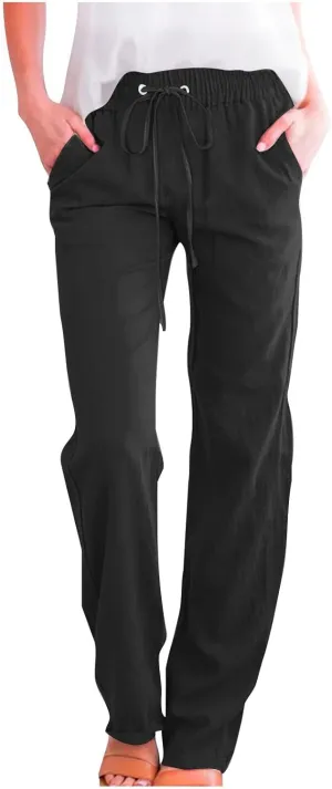Women Linen Pant Straight Leg Drawstrings High Waist Trousers 2025 Summer Casual Lightweight Breathable Joggers Pants