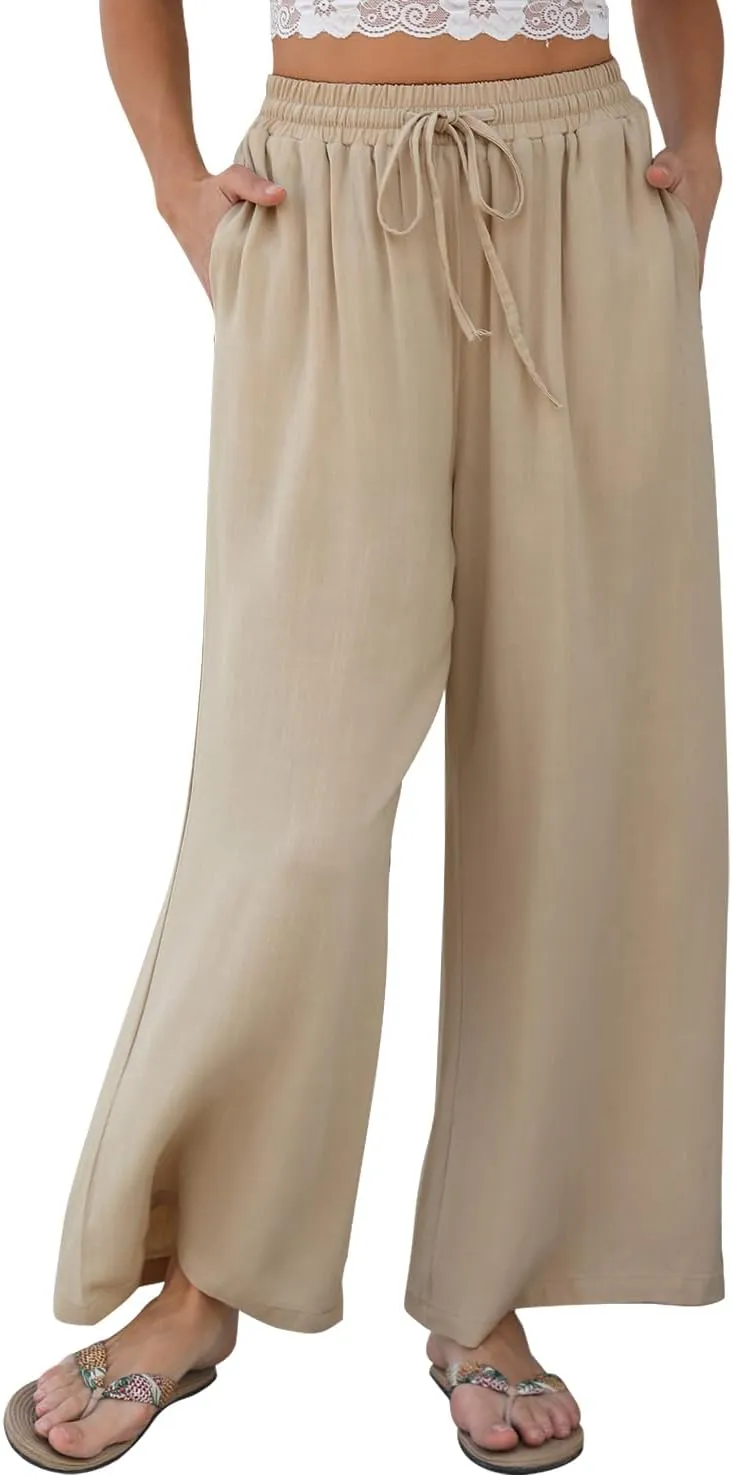 Women Linen Wide-Leg Palazzo Pants Summer Flowy Baggy High Waist Casual Lounge Travel Trousers with Pockets