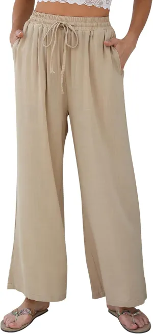 Women Linen Wide-Leg Palazzo Pants Summer Flowy Baggy High Waist Casual Lounge Travel Trousers with Pockets