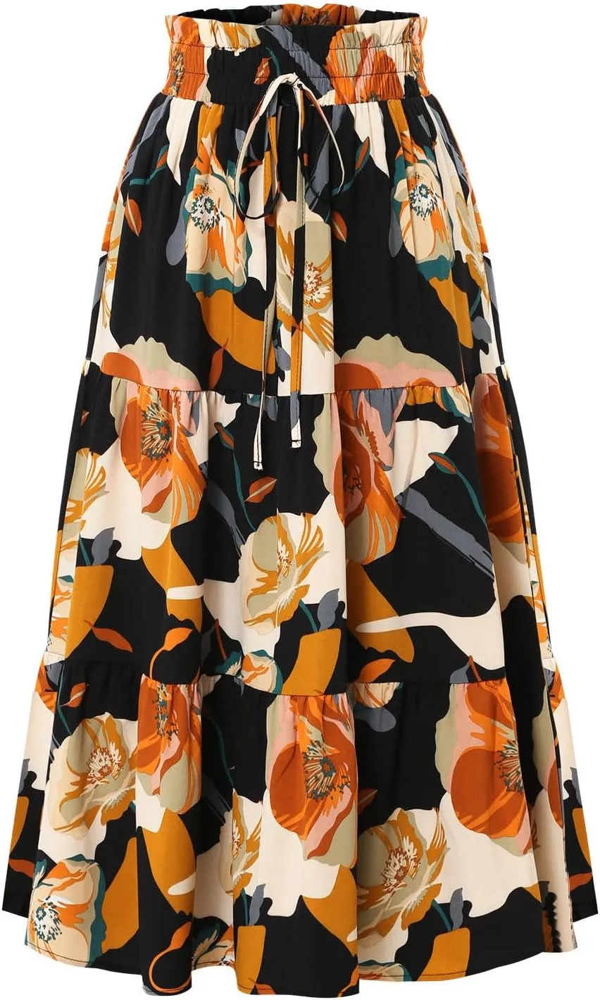 Women Maxi Skirt Casual High Elastic Waisted A Line Pleated Flowy Ruffle Tiered Boho Floral Bohemian Long Skirt