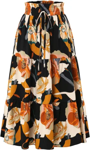 Women Maxi Skirt Casual High Elastic Waisted A Line Pleated Flowy Ruffle Tiered Boho Floral Bohemian Long Skirt