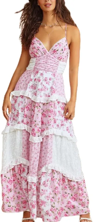 Women Patchwork Tiered Maxi Dress Boho Spaghetti Strap Smocked Cami Dress Floral Ruffle Low Cut V-Neck Layered Beach Dresses