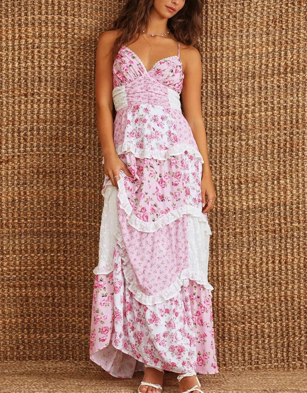Women Patchwork Tiered Maxi Dress Boho Spaghetti Strap Smocked Cami Dress Floral Ruffle Low Cut V-Neck Layered Beach Dresses
