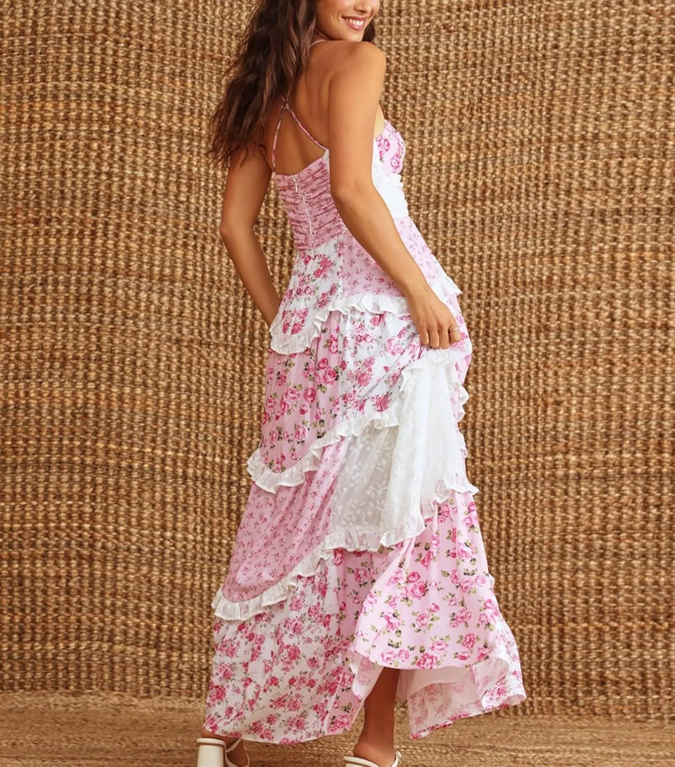 Women Patchwork Tiered Maxi Dress Boho Spaghetti Strap Smocked Cami Dress Floral Ruffle Low Cut V-Neck Layered Beach Dresses