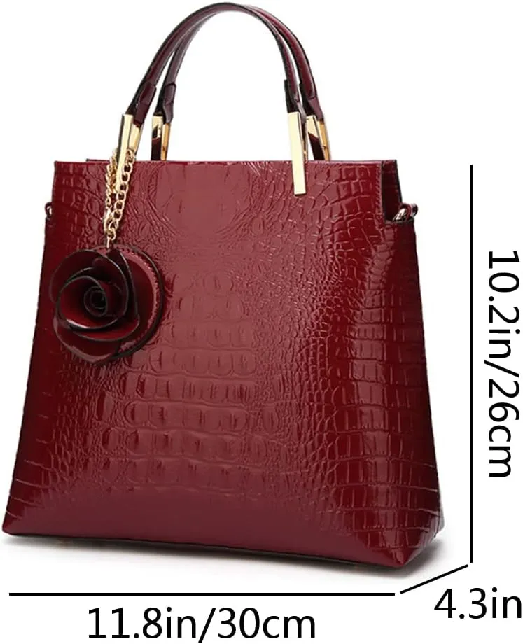 Women Satchel Top Handle Bags PU Leather Handbag Shoulder Bag Purse with Flower Pendant