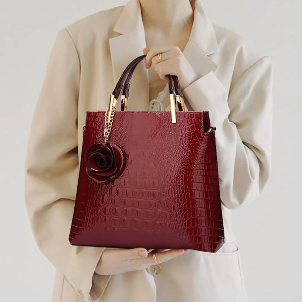 Women Satchel Top Handle Bags PU Leather Handbag Shoulder Bag Purse with Flower Pendant