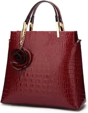 Women Satchel Top Handle Bags PU Leather Handbag Shoulder Bag Purse with Flower Pendant