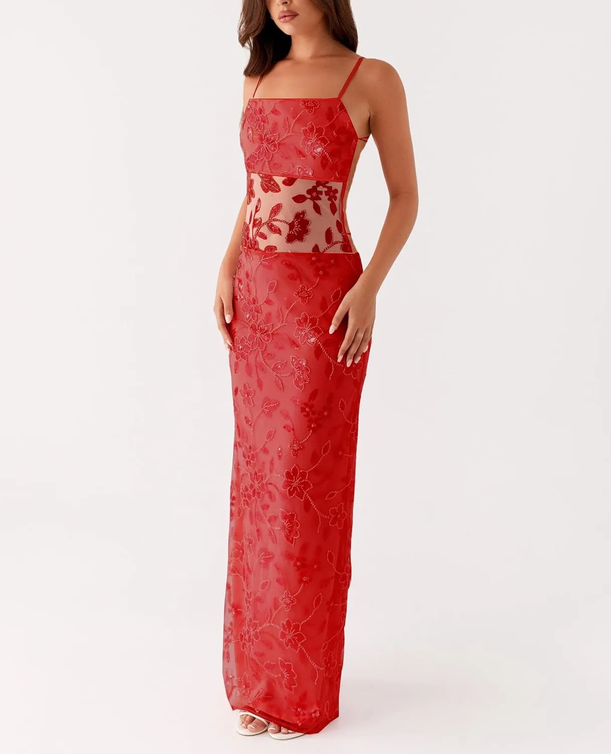 Women Sequin Sparkly Maxi Dress Y2k Square Neck Floral Cami Long Dress Side Split Glitter Bodycon Clubwear