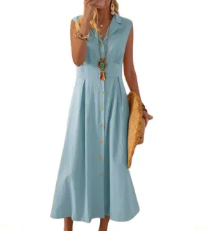 Women Shirt Dress Linen Soft Button Down Sleeveless Lapel V Neck Dress Summer Short Sleeve Midi Dress