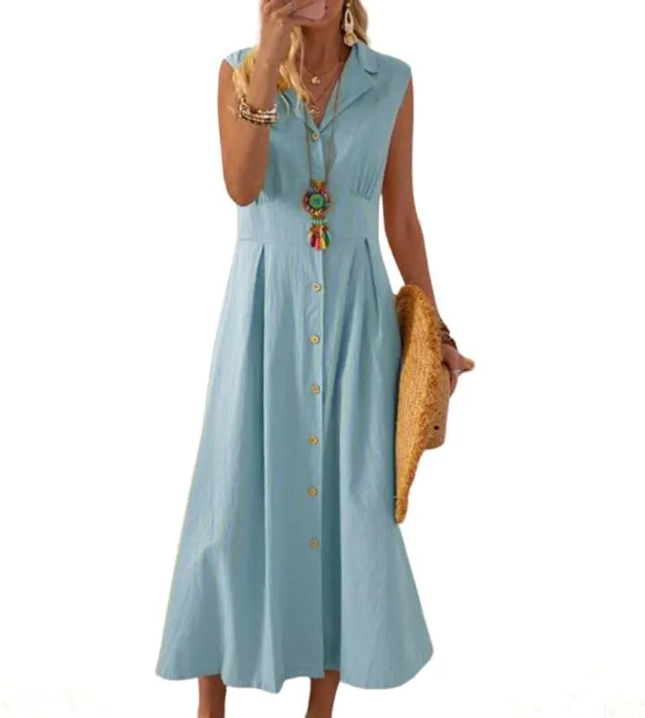 Women Shirt Dress Linen Soft Button Down Sleeveless Lapel V Neck Dress Summer Short Sleeve Midi Dress