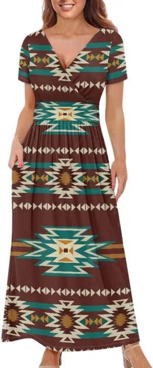 Women Short Sleeve V-Neck Polynesian Tribal Samoa Puletasi Long Dress Pleated Waist Maxi Dresses with Pockets