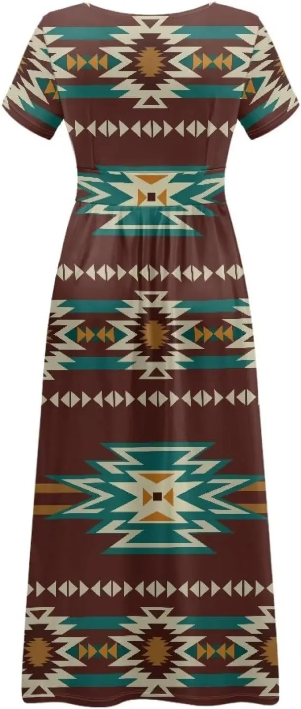 Women Short Sleeve V-Neck Polynesian Tribal Samoa Puletasi Long Dress Pleated Waist Maxi Dresses with Pockets