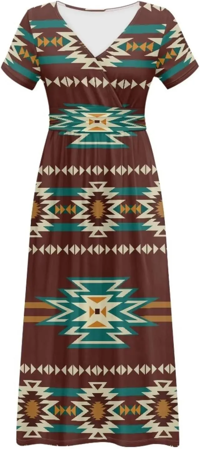 Women Short Sleeve V-Neck Polynesian Tribal Samoa Puletasi Long Dress Pleated Waist Maxi Dresses with Pockets