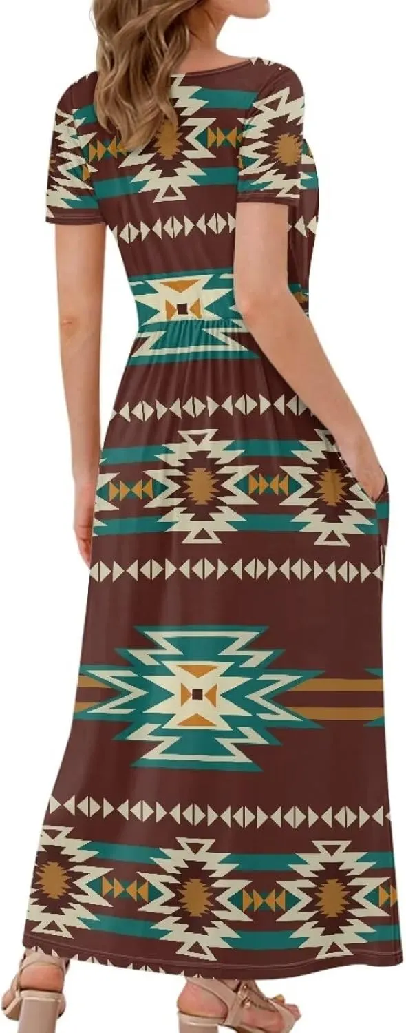 Women Short Sleeve V-Neck Polynesian Tribal Samoa Puletasi Long Dress Pleated Waist Maxi Dresses with Pockets