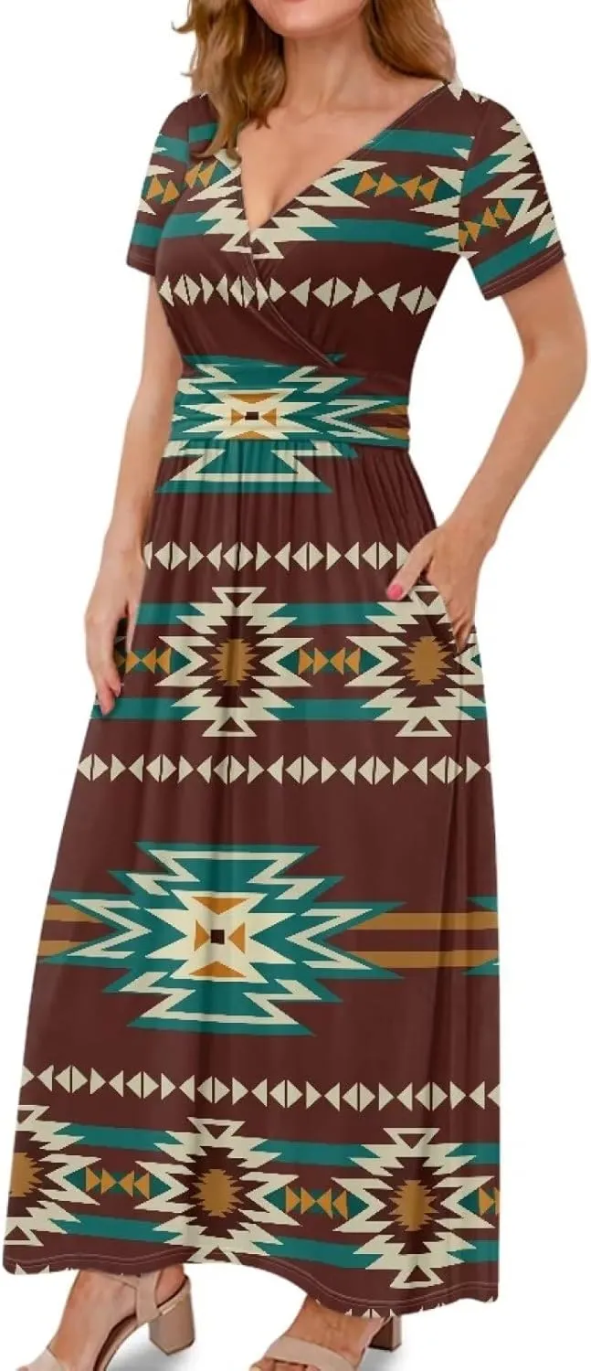 Women Short Sleeve V-Neck Polynesian Tribal Samoa Puletasi Long Dress Pleated Waist Maxi Dresses with Pockets