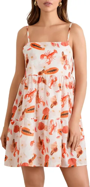 Women Sleeveless Mini Dress Summer Tie Straps Lobster Print Backless A-Line Party Dresses for Vacation Beach Sundress