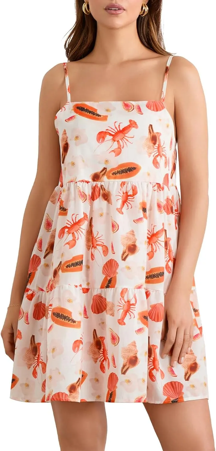 Women Sleeveless Mini Dress Summer Tie Straps Lobster Print Backless A-Line Party Dresses for Vacation Beach Sundress