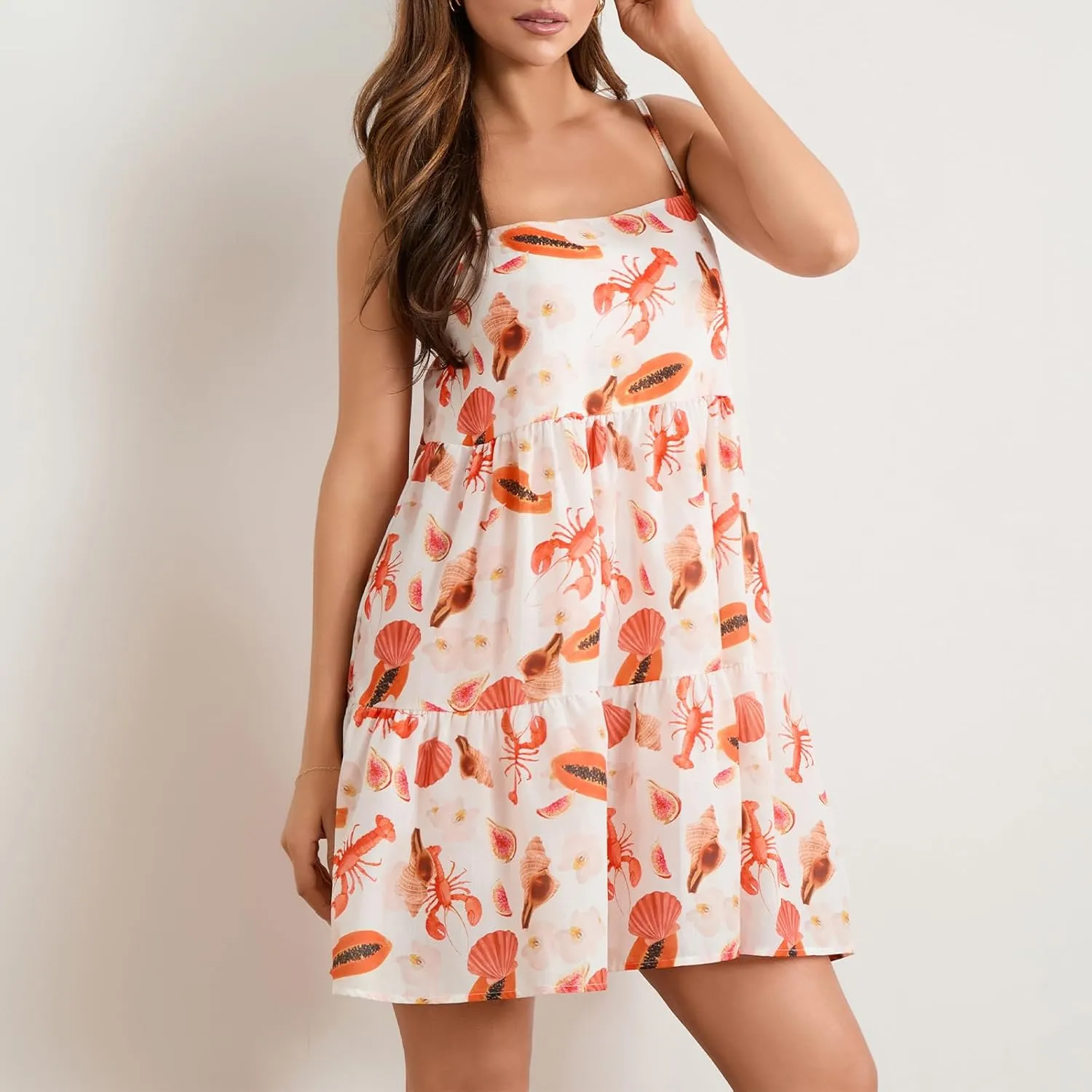 Women Sleeveless Mini Dress Summer Tie Straps Lobster Print Backless A-Line Party Dresses for Vacation Beach Sundress