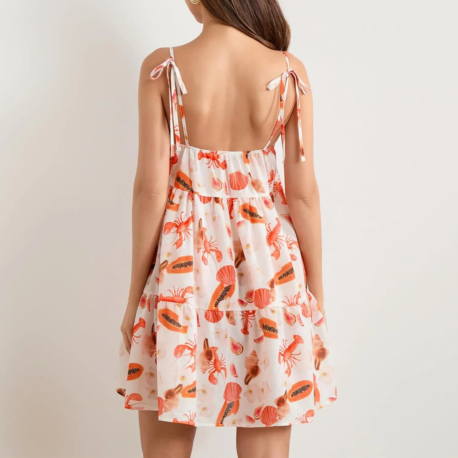 Women Sleeveless Mini Dress Summer Tie Straps Lobster Print Backless A-Line Party Dresses for Vacation Beach Sundress