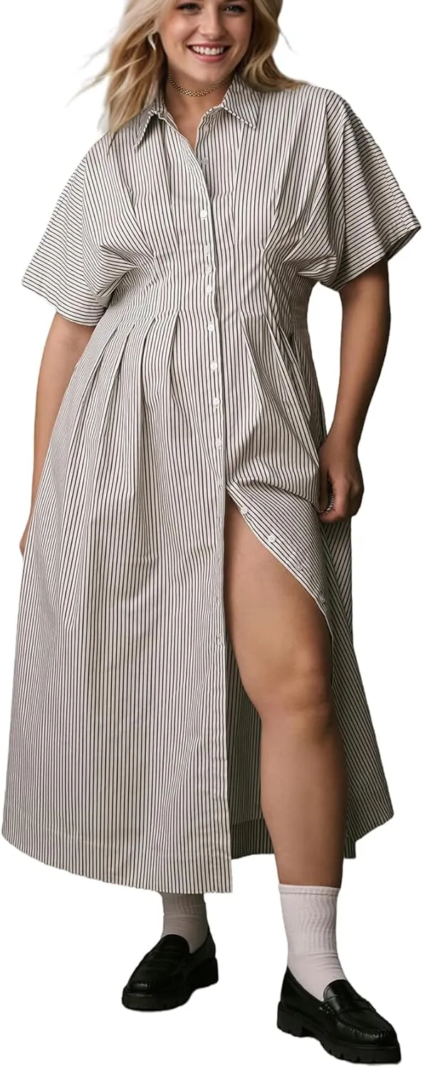 Women Striped Button Down Pleated Shirt Dress Summer Short Sleeve Ruffle A Line Swing Long Blouse Midi Long Dress
