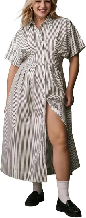 Women Striped Button Down Pleated Shirt Dress Summer Short Sleeve Ruffle A Line Swing Long Blouse Midi Long Dress