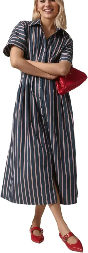 Women Striped Button Down Pleated Shirt Dress Summer Short Sleeve Ruffle A Line Swing Long Blouse Midi Long Dress