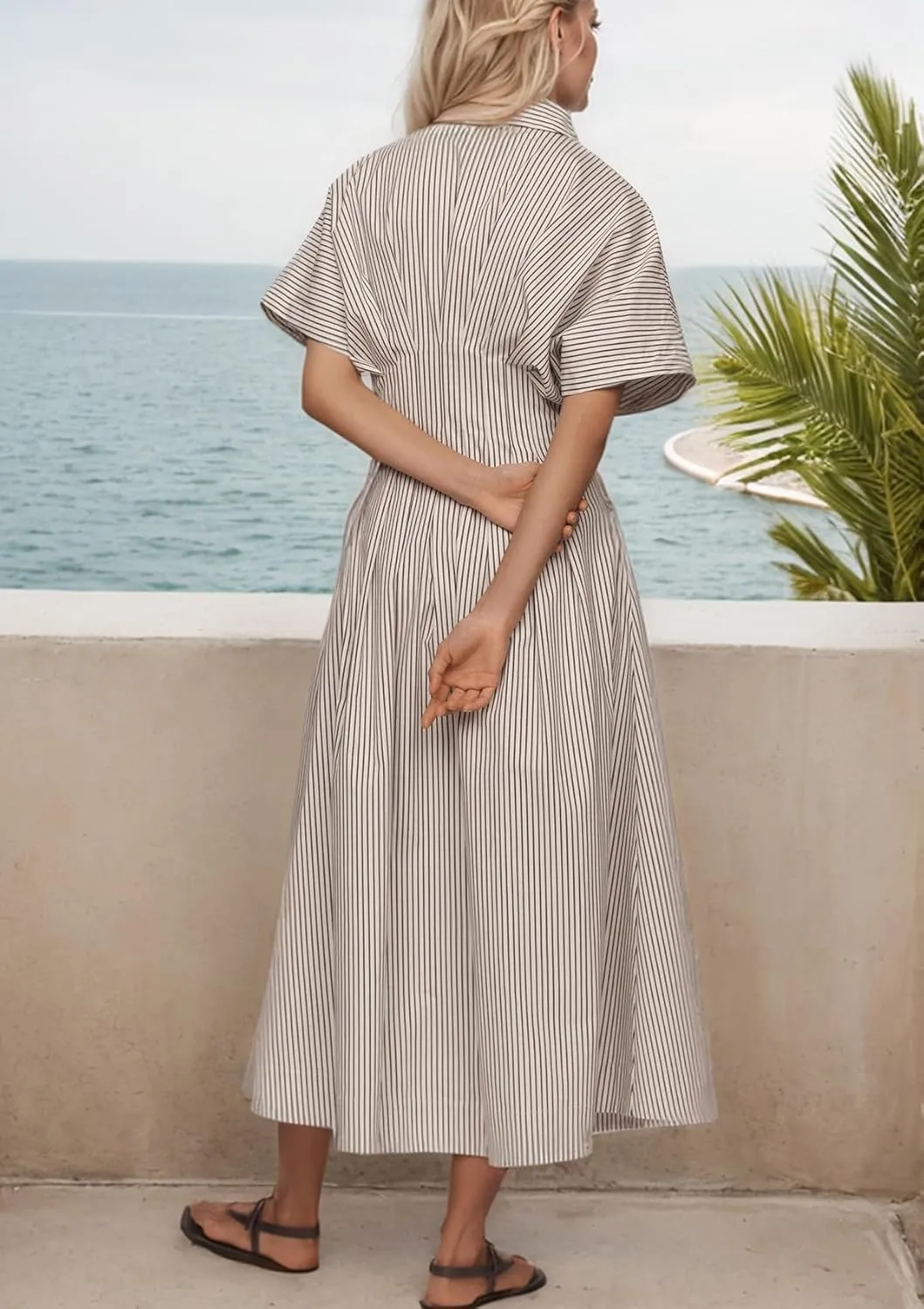 Women Striped Button Down Pleated Shirt Dress Summer Short Sleeve Ruffle A Line Swing Long Blouse Midi Long Dress