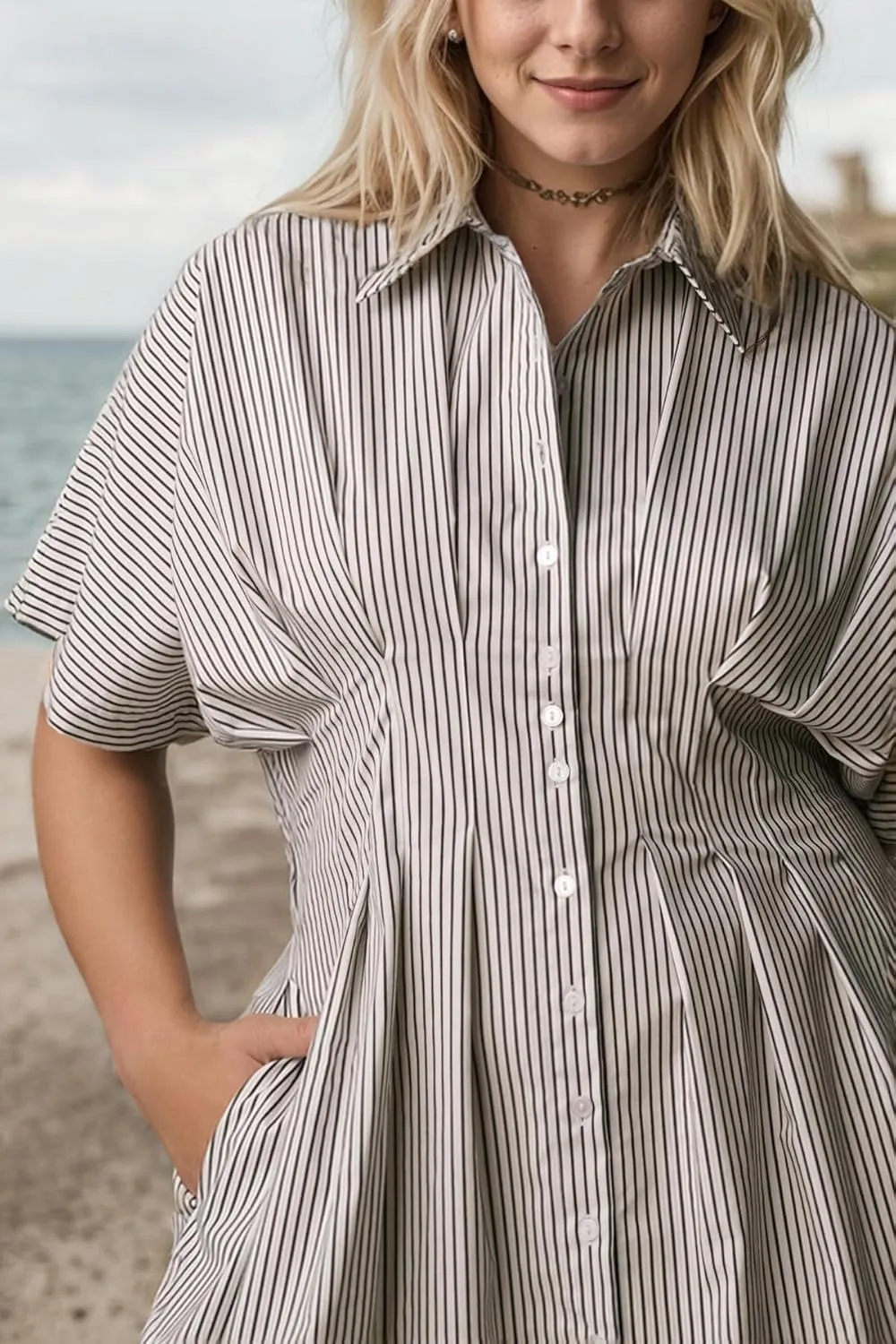 Women Striped Button Down Pleated Shirt Dress Summer Short Sleeve Ruffle A Line Swing Long Blouse Midi Long Dress