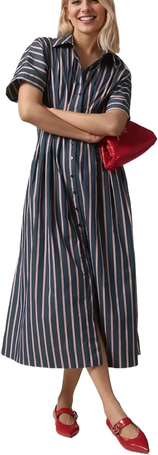 Women Striped Button Down Pleated Shirt Dress Summer Short Sleeve Ruffle A Line Swing Long Blouse Midi Long Dress