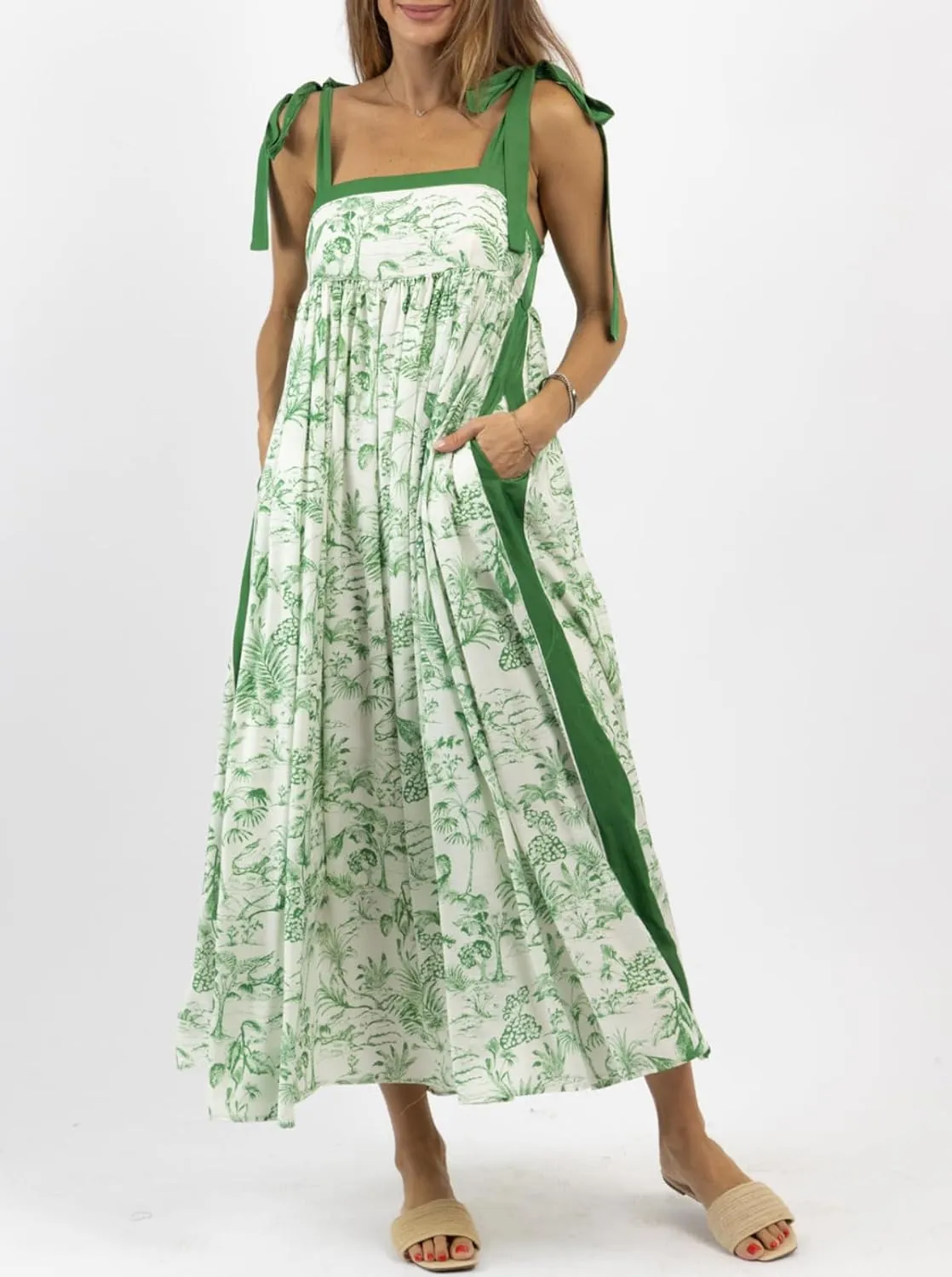Women Summer Floral Boho Maxi Dress Tie Shoulder Square Neck Flowy Sundress Ruffle A Line Colorful Beach Long Dress