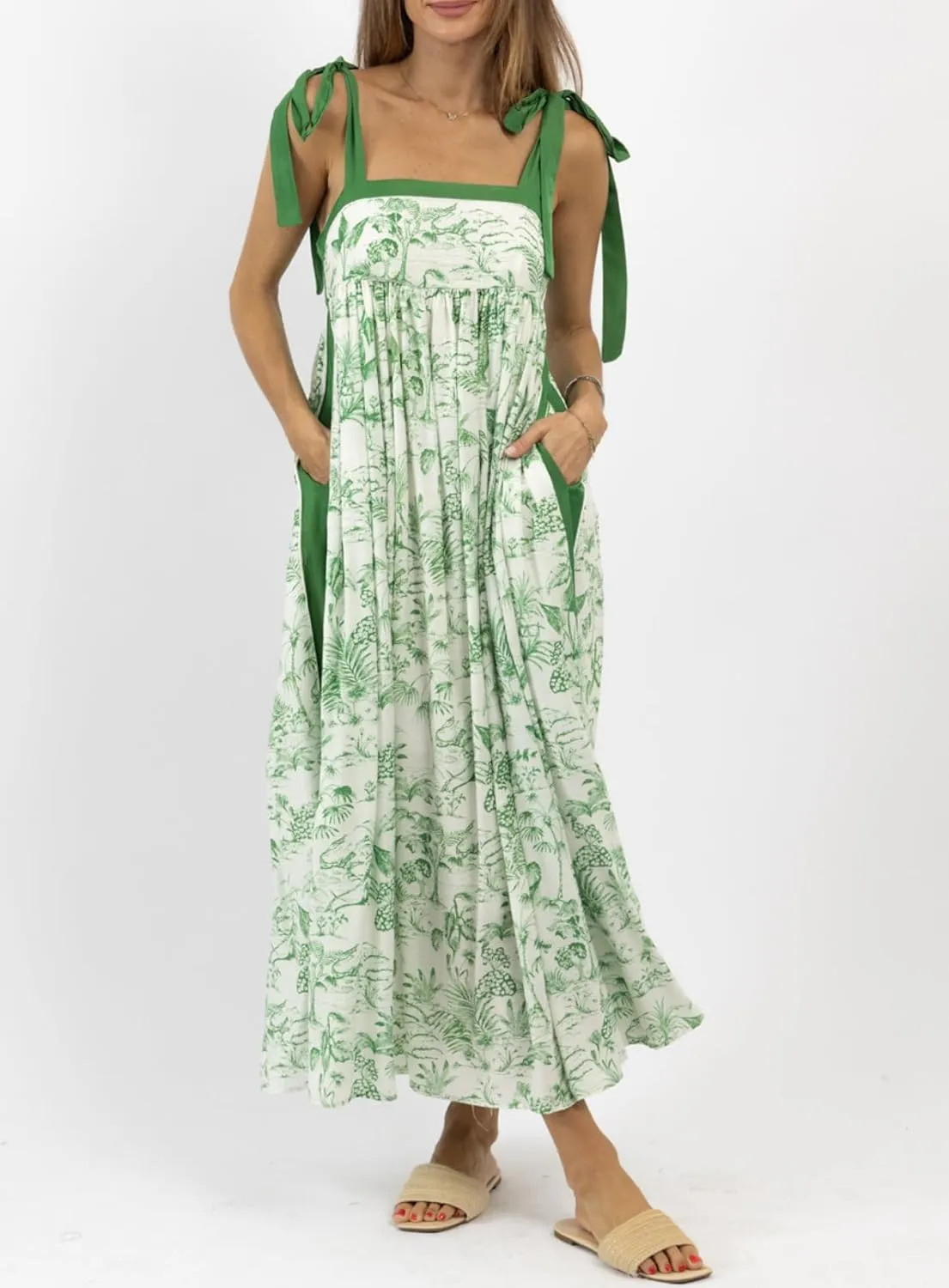 Women Summer Floral Boho Maxi Dress Tie Shoulder Square Neck Flowy Sundress Ruffle A Line Colorful Beach Long Dress