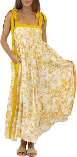 Women Summer Floral Boho Maxi Dress Tie Shoulder Square Neck Flowy Sundress Ruffle A Line Colorful Beach Long Dress