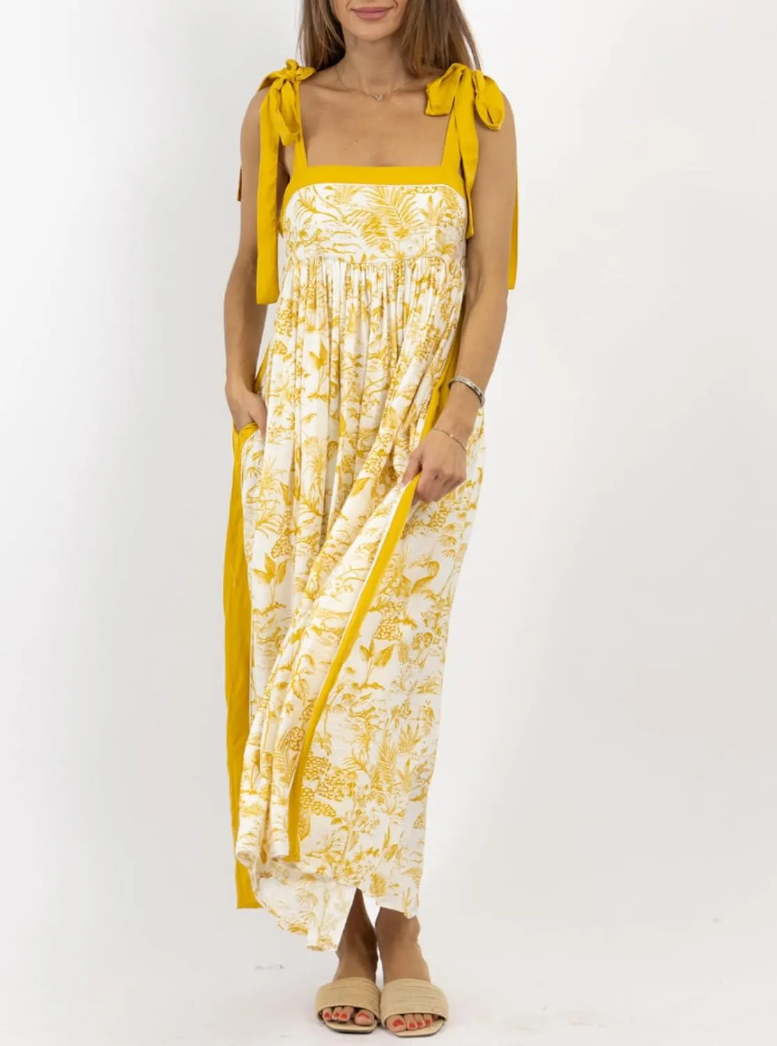 Women Summer Floral Boho Maxi Dress Tie Shoulder Square Neck Flowy Sundress Ruffle A Line Colorful Beach Long Dress