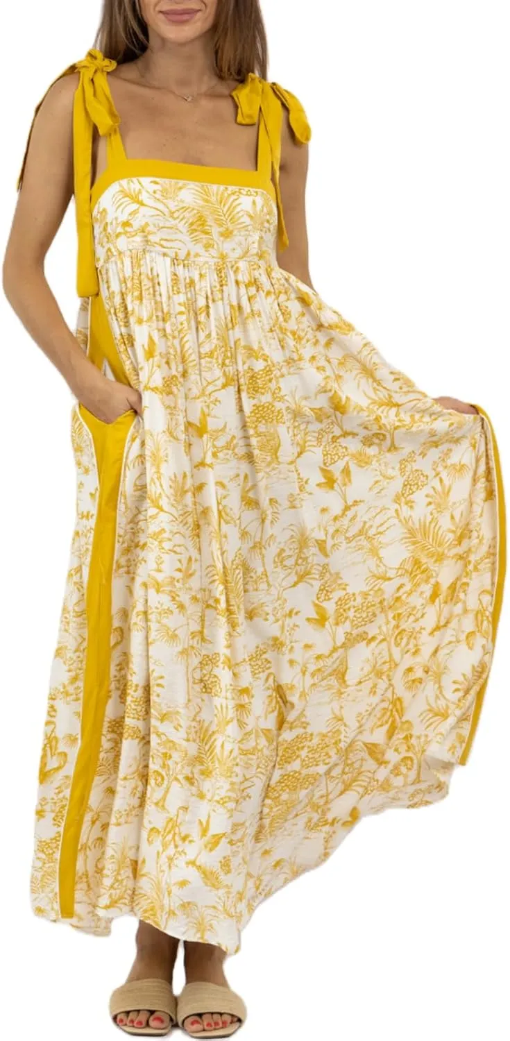 Women Summer Floral Boho Maxi Dress Tie Shoulder Square Neck Flowy Sundress Ruffle A Line Colorful Beach Long Dress