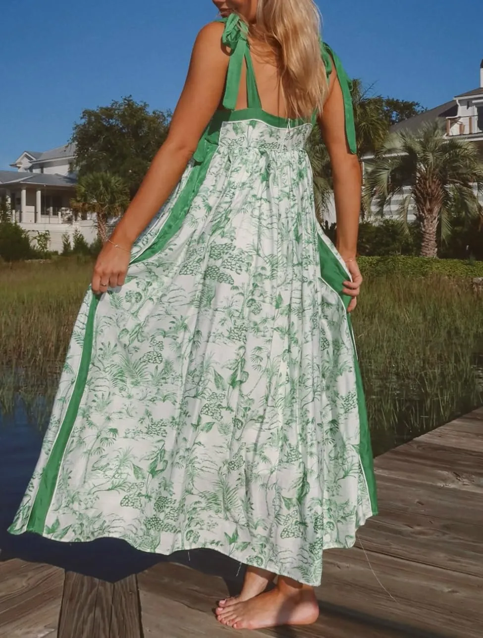Women Summer Floral Boho Maxi Dress Tie Shoulder Square Neck Flowy Sundress Ruffle A Line Colorful Beach Long Dress