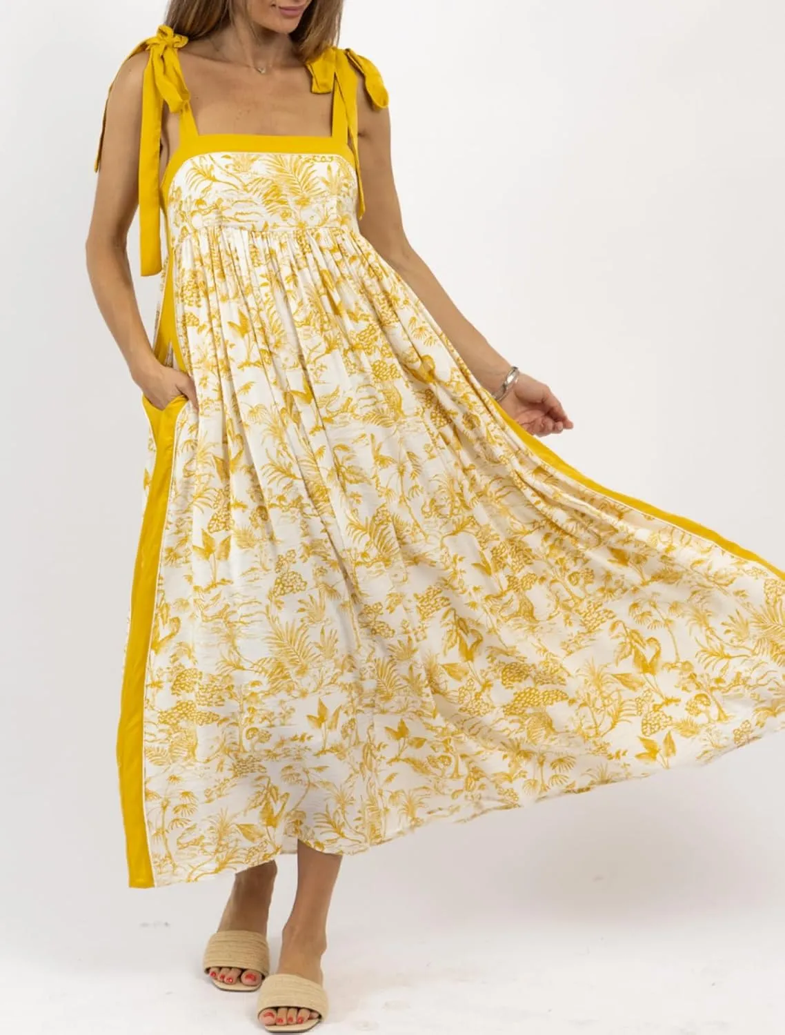 Women Summer Floral Boho Maxi Dress Tie Shoulder Square Neck Flowy Sundress Ruffle A Line Colorful Beach Long Dress