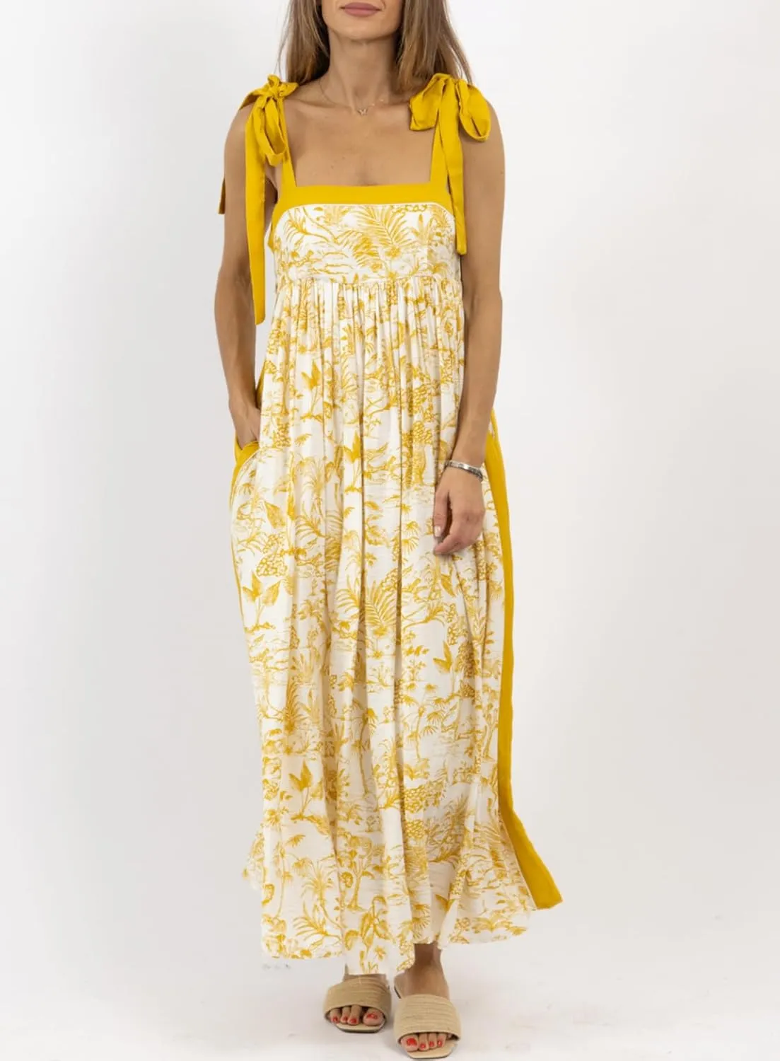 Women Summer Floral Boho Maxi Dress Tie Shoulder Square Neck Flowy Sundress Ruffle A Line Colorful Beach Long Dress