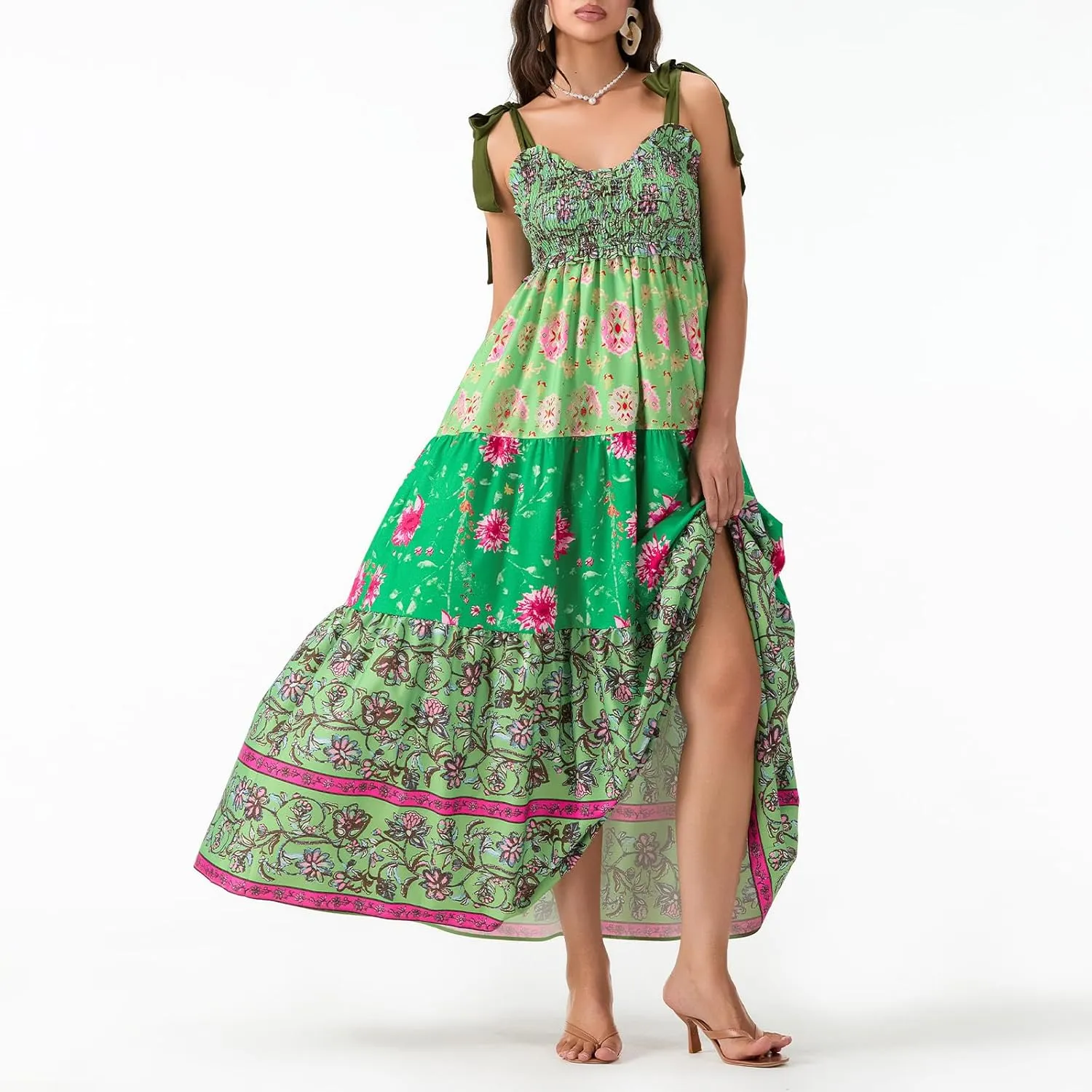 Women Summer Maxi Dress Floral Smocked Shirred Long Dress Boho Sleeveless Tie Shoulder Sundress