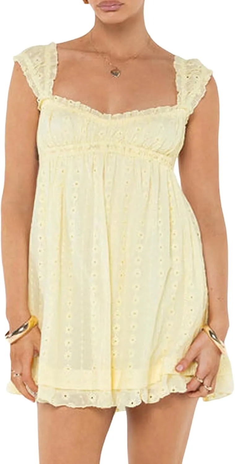 Women Summer Square Neck Sleeveless A Line Mini Sundress Backless Y2k Floral Short Dress Party Beach Dresses