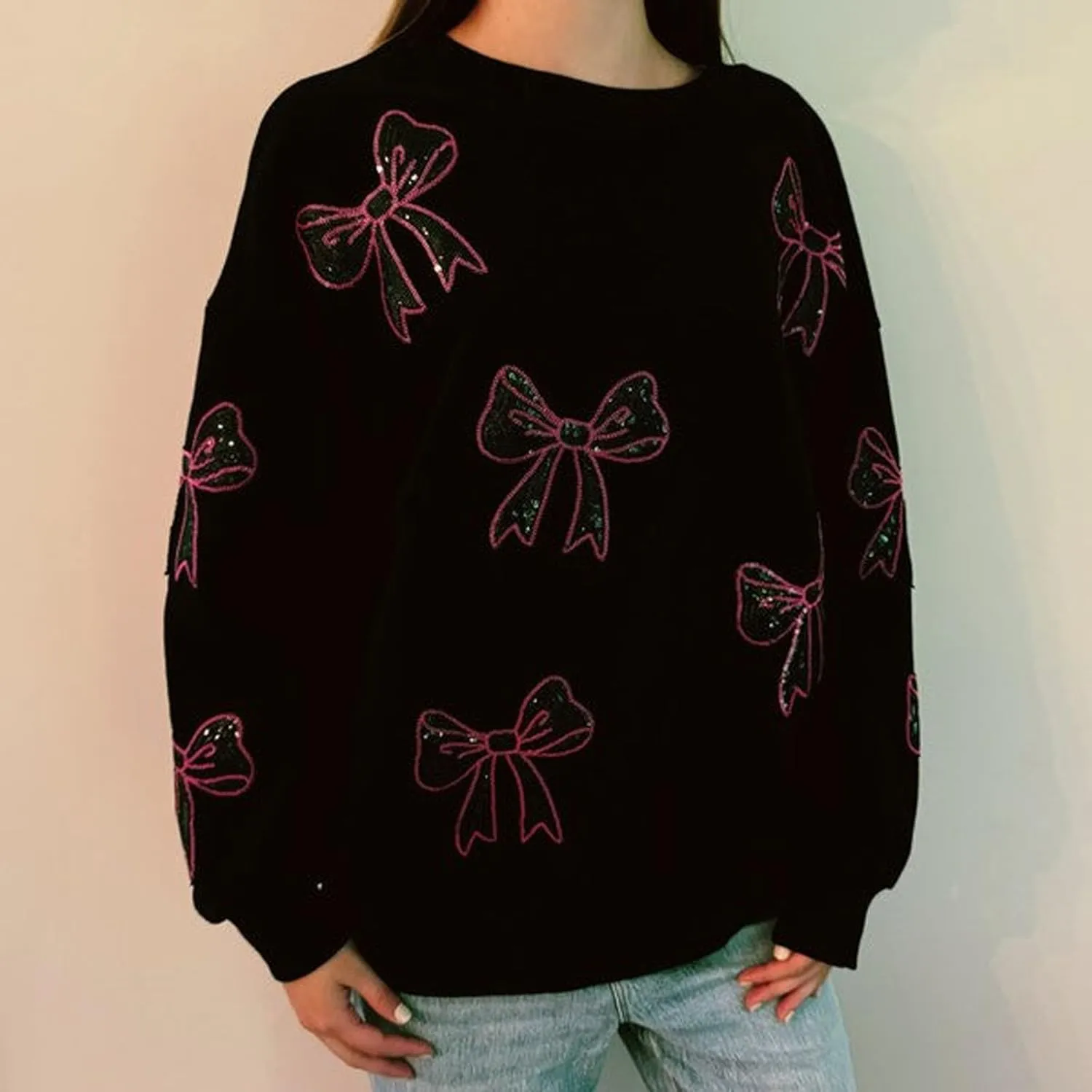 Women Teen Girls Cute Bow Graphic Hoodies Y2k Oversized Long Sleeve Hooded Sweatshirt Aesthetic Pullover Streetwear