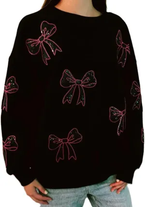 Women Teen Girls Cute Bow Graphic Hoodies Y2k Oversized Long Sleeve Hooded Sweatshirt Aesthetic Pullover Streetwear
