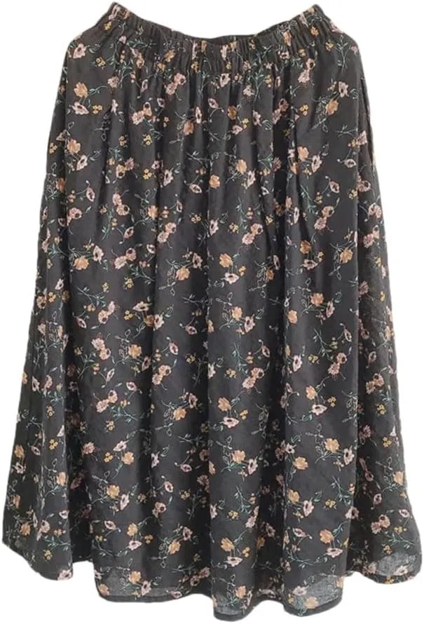 Women Vintage Print A-Line Skirt Cotton Casual Elastic Waist Loose Midi Skirts