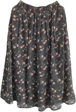 Women Vintage Print A-Line Skirt Cotton Casual Elastic Waist Loose Midi Skirts