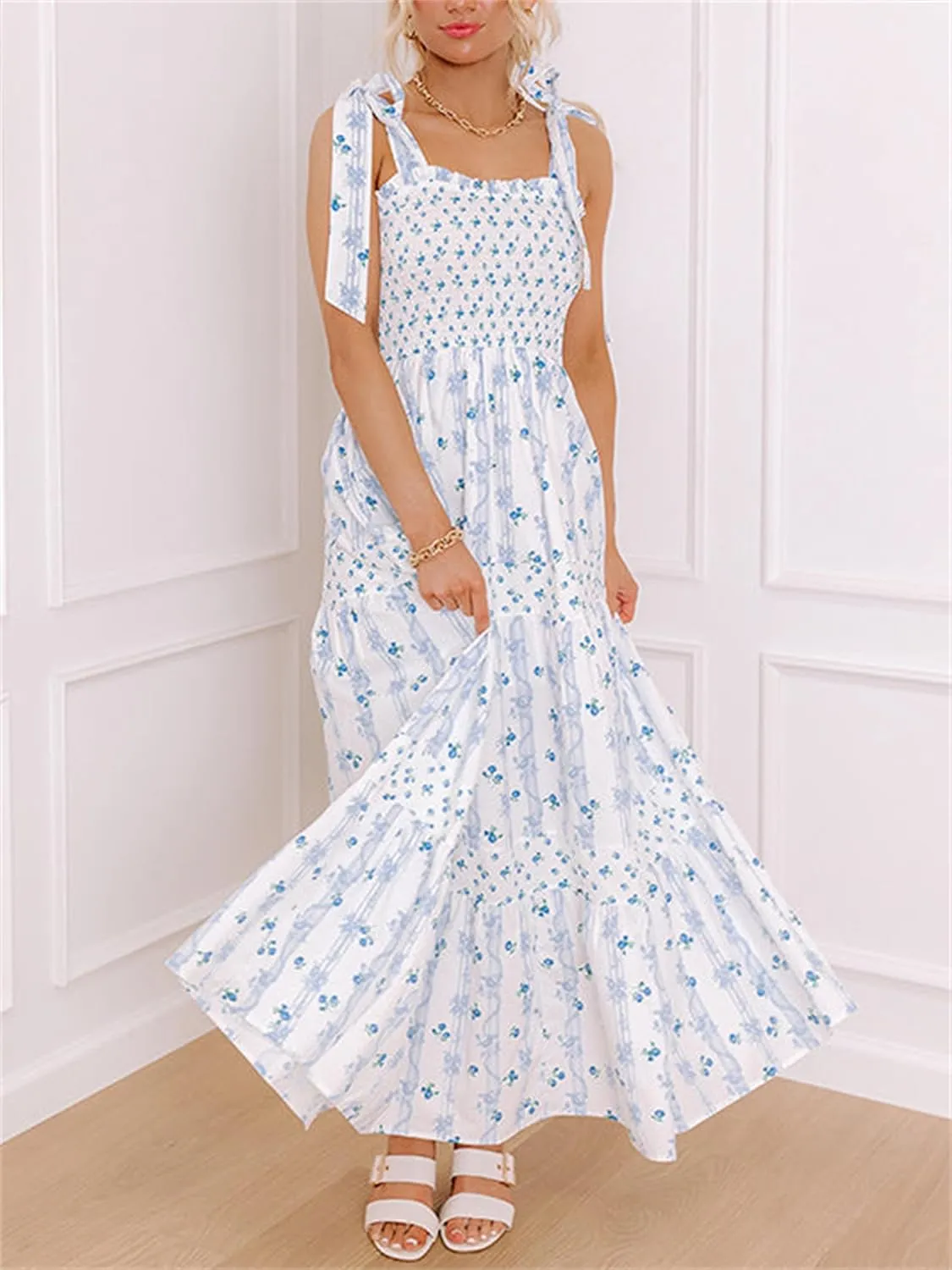 Women Y2k Boho Floral Maxi Dress Sleeveless Ruffle Ruched Backless Tie Tiered Flowy Long Sundress Summer Streetwear