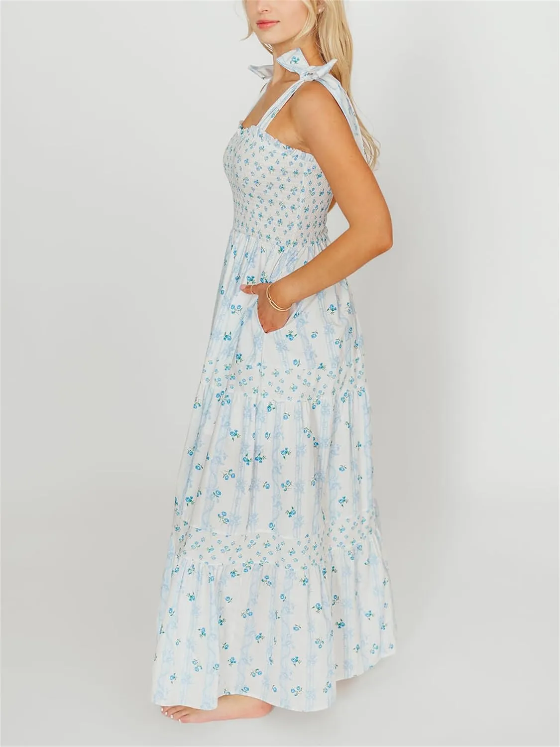 Women Y2k Boho Floral Maxi Dress Sleeveless Ruffle Ruched Backless Tie Tiered Flowy Long Sundress Summer Streetwear