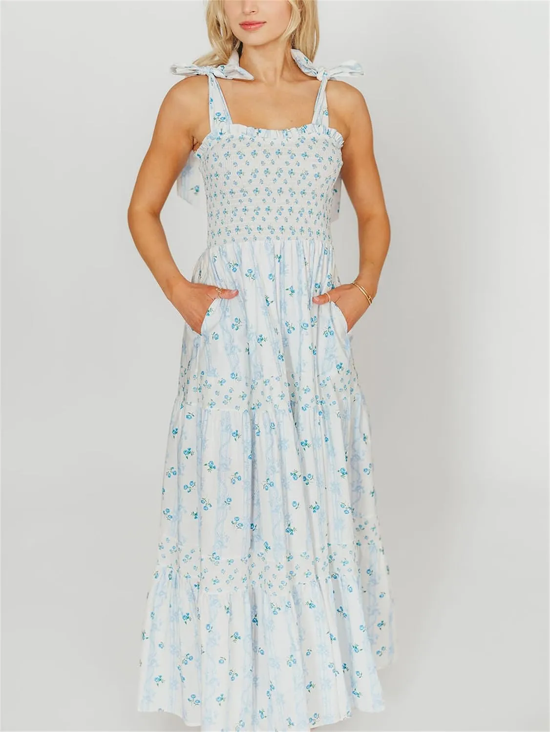 Women Y2k Boho Floral Maxi Dress Sleeveless Ruffle Ruched Backless Tie Tiered Flowy Long Sundress Summer Streetwear