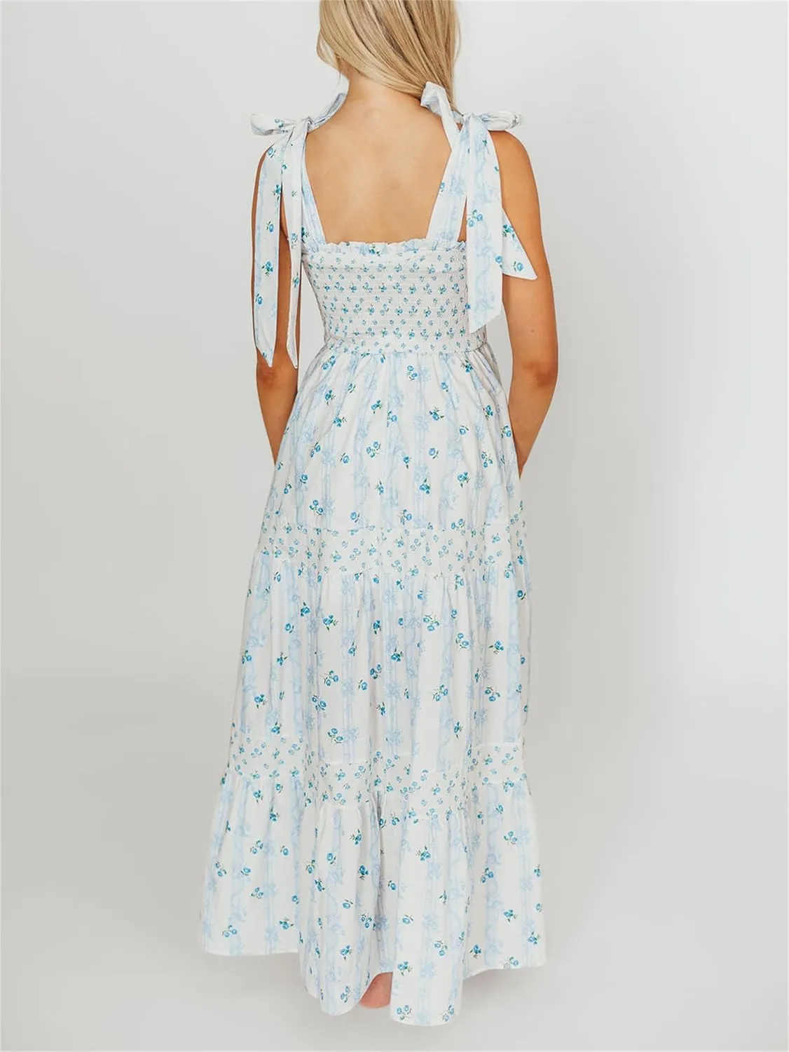Women Y2k Boho Floral Maxi Dress Sleeveless Ruffle Ruched Backless Tie Tiered Flowy Long Sundress Summer Streetwear